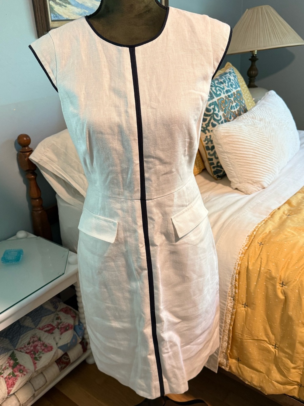 J. Crew 100% Linen White Dress with Black Piping Size 6P